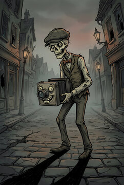 Creepy Skeleton Photographer in Vintage Street &ndash; Dark Surreal Cartoon Gothic Illustration