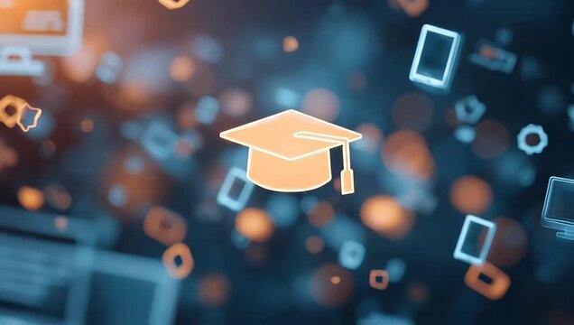 Digital education concept featuring floating laptop, monitor, tablet, graduation cap, and bokeh