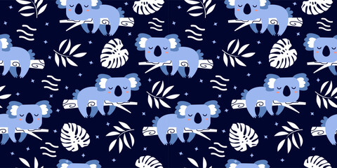Seamless pattern featuring cute koalas and botanical leaves on a dark background, creating a calm night-inspired atmosphere