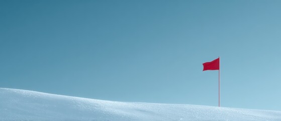 Minimalist background of a single red flag on top of a snowy hill, clear blue sky, massive negative space