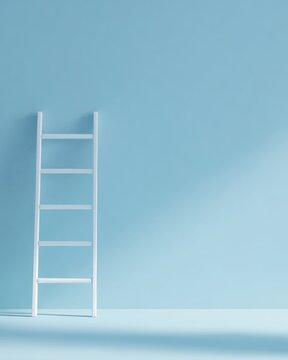Minimalist background of a white ladder leaning against a vast clear blue sky, career growth and ambition concept