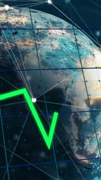 Vertical video: Close-up starting globe rotating, grid pulsing, green line tracing live markets
