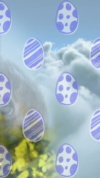 Vertical video: On start translucent purple eggs sliding over cat eye, revealing flowers