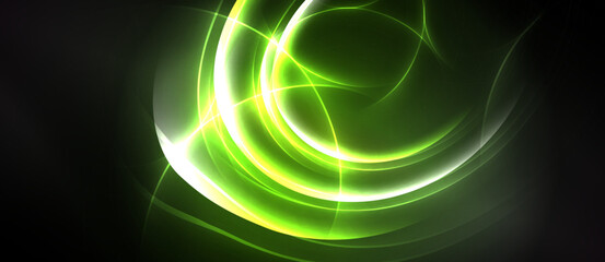 Fototapeta premium Bright green energy swirls against dark background. Abstract design evokes motion, light, futuristic feel. Smooth gradients create depth.