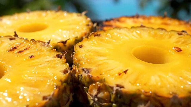 Close-up of grilled pineapple slices, golden brown and caramelized, perfect for a summer dessert.