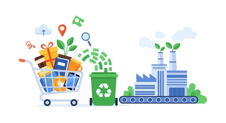 Obraz premium Circular Economy: Sustainable Consumption and Green Production Cycle. Illustrating recycling of consumer goods into eco-friendly manufacturing with factory and shopping cart.