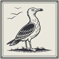 Fototapeta premium Seagull standing on grass with other birds flying in the background.
