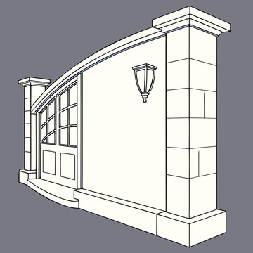Architectural sketch of a curved wall with a window and a lantern.