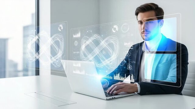 Businessman in a formal suit interacting with a virtual holographic financial data dashboard while using a laptop at his desk.