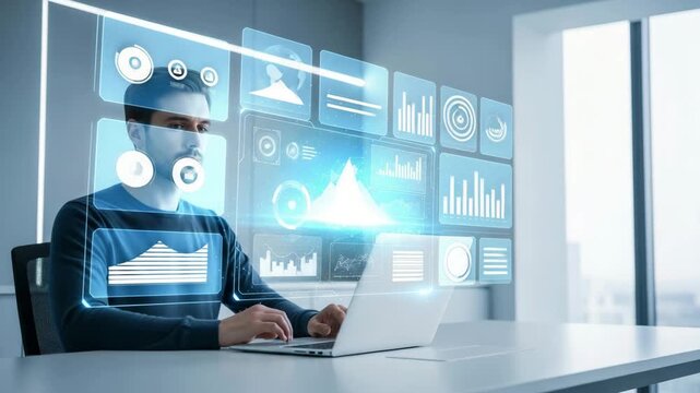 Serious professional man analyzing complex data on a glowing virtual holographic display while working at his modern office desk.