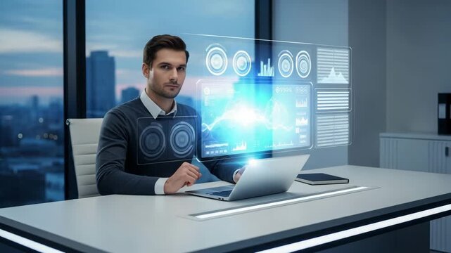 Professional businessman working with a digital holographic data interface on a laptop screen for corporate analytics planning.