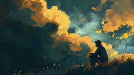 Fototapeta premium Silhouette man sitting alone under dramatic golden sky, symbolizing loneliness, self reflection & emotional healing. Ideal for mental health, hope & inspirational designs.