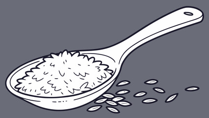 Handdrawn illustration of a wooden spoon filled with rice grains.