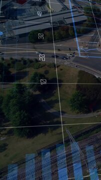 Vertical video: Fixed grid starting HUD, nodes mapping road, bars rising, showing traffic data