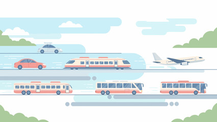 Diverse Transportation Methods Car Train Airplane and Buses.