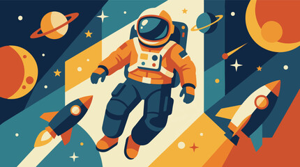 Astronaut floating in space with planets and rockets in retro flat design © Vectora
