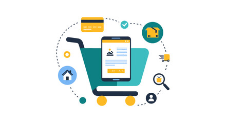 Mobile E-commerce Shopping Journey: Online Payment, Delivery, and Order Tracking with Shopping Cart - Vector Illustration