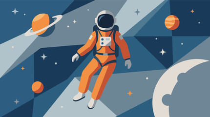 Astronaut floating in geometric space with planets and stars flat illustration © Vectora