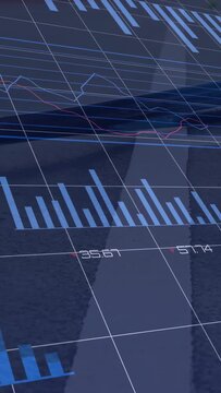 Vertical video: Diagonal pan making hologram data plane showing bars, lines, pies, ticks for trends