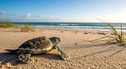 Obraz premium Tiny sea turtle hatchling making its way to the ocean.