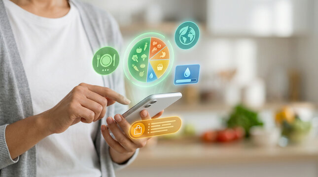 Woman Using AI Nutrition App on Smartphone for Healthy Meal Planning, Artificial Intelligence Diet Tracker with Holographic Food Icons, Digital Health and Wellness Technology Concept