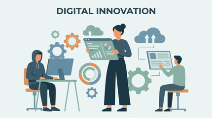 Naklejka premium Digital innovation concept with team working on technology and data