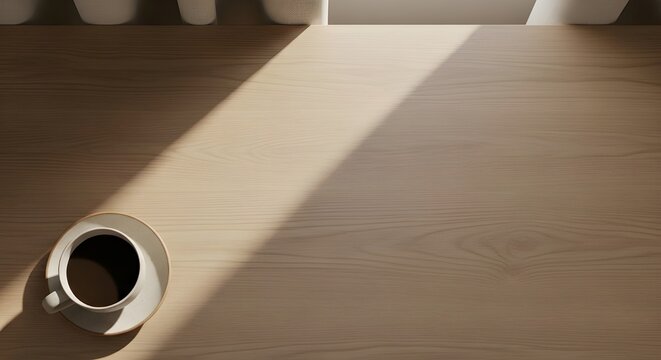 Top-down view of a minimalist wooden desk with a cup of black coffee in morning sunlight, creating a warm, productive atmosphere