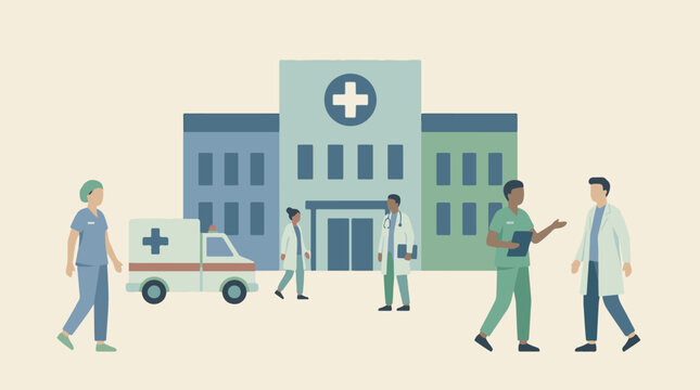 Illustration of healthcare staff and ambulance at a hospital.