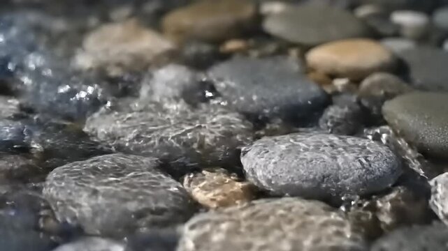 Clear flowing water gently ripples over smooth, wet river stones and pebbles in a tranquil natural stream
