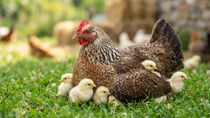 Fototapeta premium Mother hen with speckled feathers protecting yellow chicks on vibrant green grass in natural outdoor farm setting, showcasing maternal care and rural countryside life with shallow depth of field.