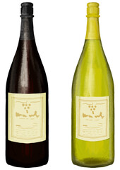 リアルなワインボトルのイラスト(赤ワインと白ワイン)