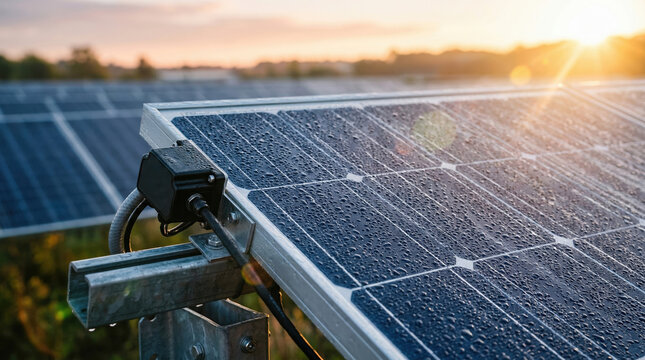 Microgrid system solar panel with morning sun and raindrops on module creating serene energy scene