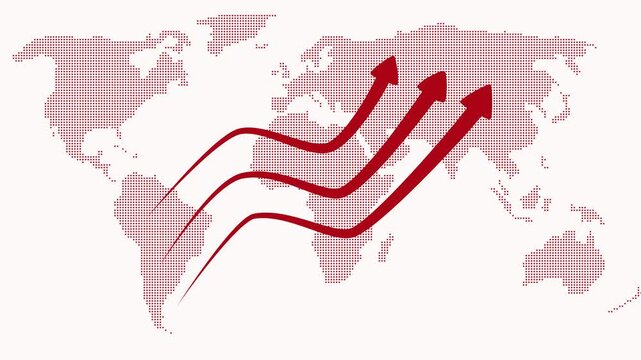 Three arrows rising over world map animation, Stylized world map silhouette in dark tones with three upward arrows forming wavy paths
