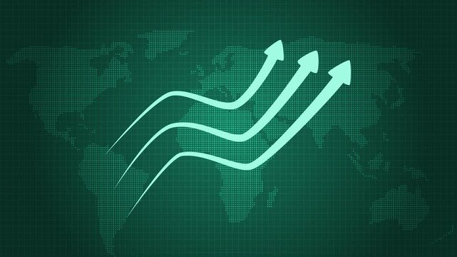 Three arrows rising over world map animation, Stylized world map silhouette in dark tones with three upward arrows forming wavy paths