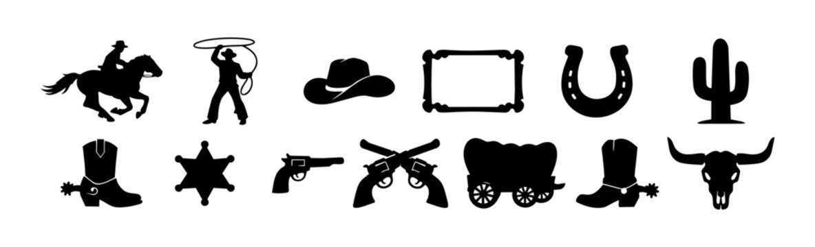 Wild West Cowboy Silhouette Icon Set &ndash; Western Frontier Symbols Collection