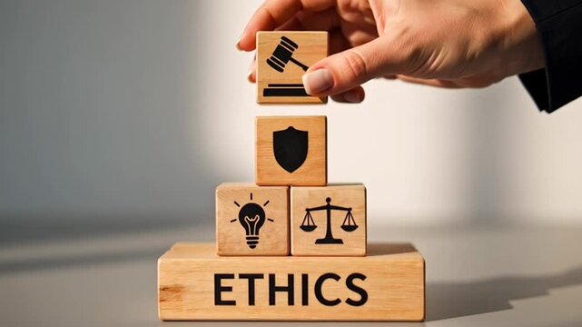 Ethics Concept Image Showing Wooden Blocks with Icons Depicting Ideas Justice and Responsibility