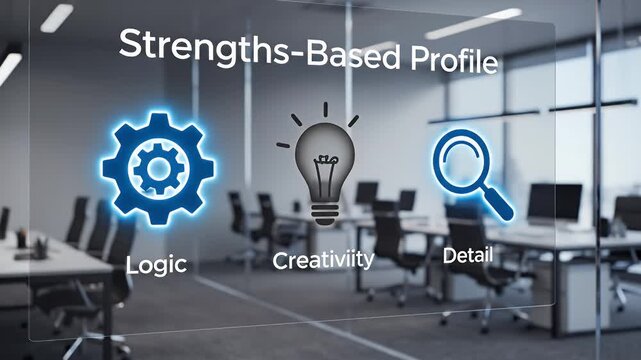 Office workspace with icons representing logic creativity and detail.
