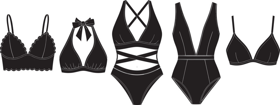 Black swimwear and lingerie silhouettes featuring bikini tops, one-piece swimsuits, and scalloped bralettes in a cad drawing flat vector illustration style.