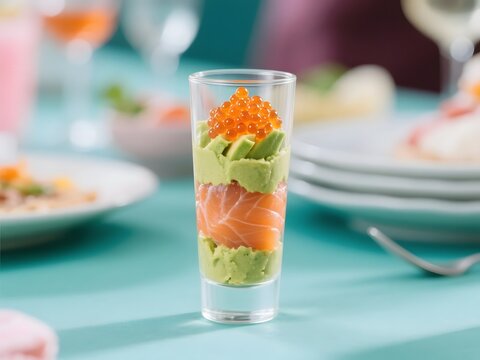 Caviar and Avocado Layered Verrine: Glass verrine layered with mashed avocado, smoked salmon, and bright caviar pearls, presented in a vertical composition, soft pastel background.