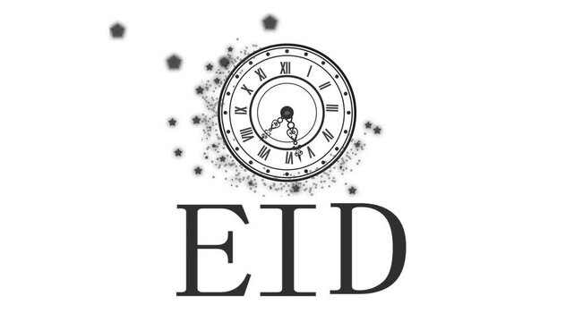 Eid clock logo animation, Clock face with roman numerals and decorative hands above large gold letters EID