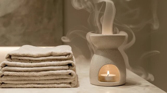 Ceramic oil burner with a lit candle and swirling steam next to a stack of folded towels on a marble surface in a spa or bathroom setting
