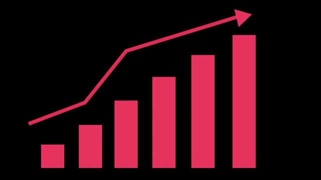 Upward trending bar chart with arrow animation, Trending bar chart with arrow on black background, five ascending bars and a line with arrow showing growth