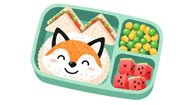 Bento box with cute fox rice, sandwiches, peas, corn, watermelon