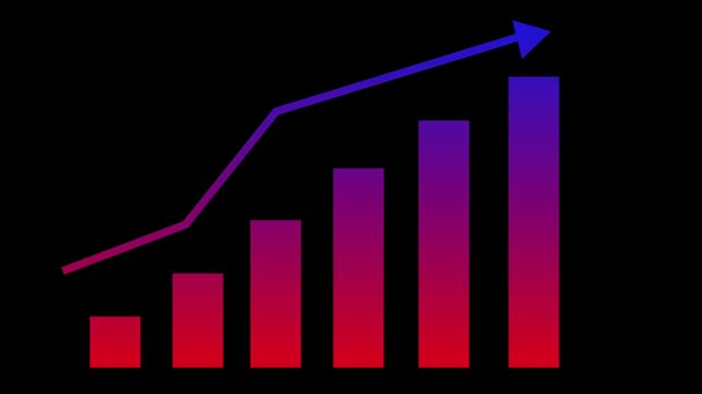 Upward trending bar chart with arrow animation, Trending bar chart with arrow on black background, five ascending bars and a line with arrow showing growth