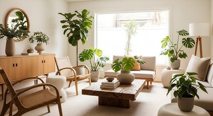 Fototapeta premium Modern bright living room with natural wood furniture and green plants