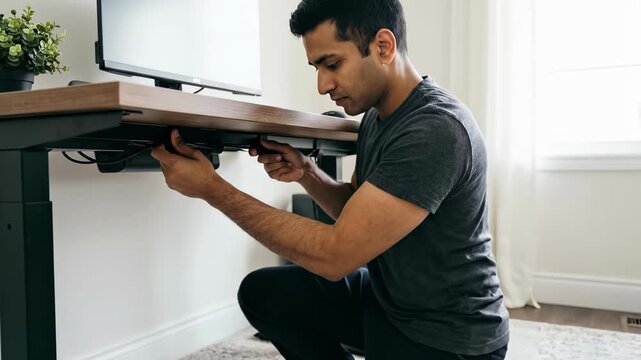 A man organizes cables and wires under a modern sit-stand desk in a bright home office setting