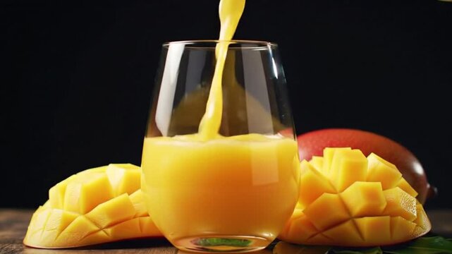 Pouring mango juice into a glass with fresh sliced mango next to it 4k video