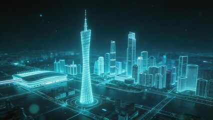 Futuristic cityscape with glowing skyscrapers and a prominent tower at night