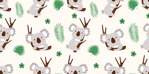 Seamless pattern showcasing cute koalas with eucalyptus branches arranged in a balanced composition