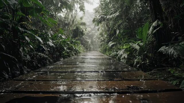 Misty Forest Pathway with Wet Stone Steps.